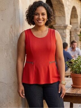 Pretty Good Sleeveless Peplum Top with Zip Accents PTP 23” Rust